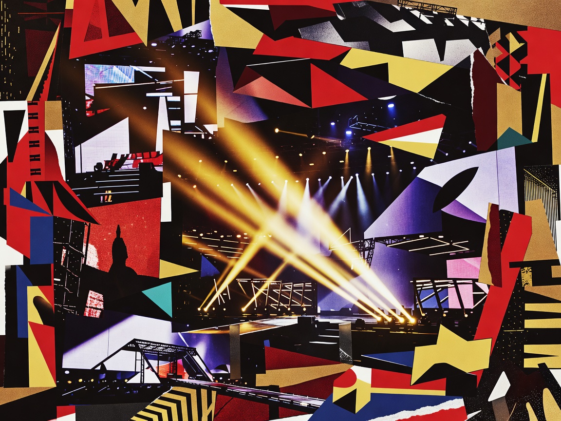 Abstract poster collage representing Beyoncé visual albums, stage lighting and performance structure