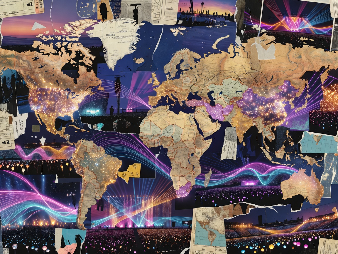 Abstract poster collage representing BTS, global fandom networks and concert light patterns