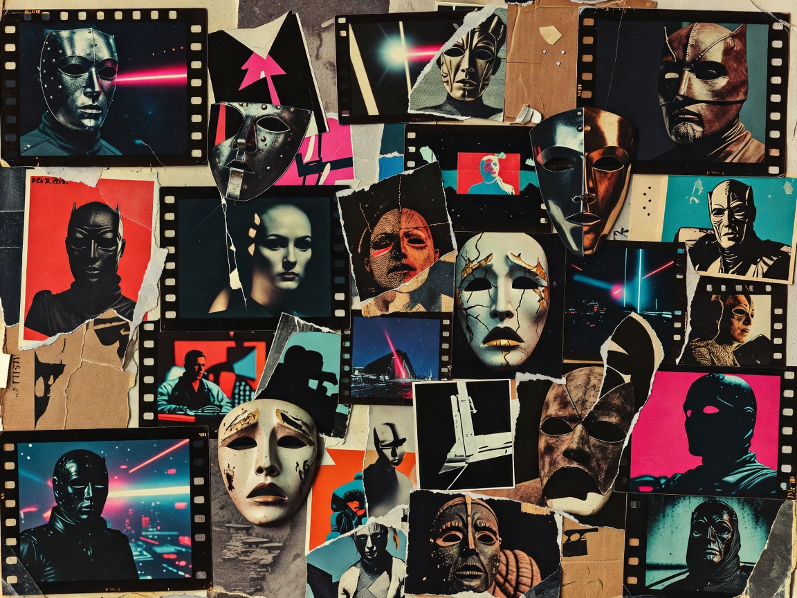 Abstract poster collage representing Marvel Studios shared-universe cinema with panels, masks and cinema frames
