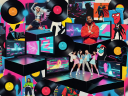 Poster-style collage representing 21st-century pop culture icons with records, screens and stage shapes