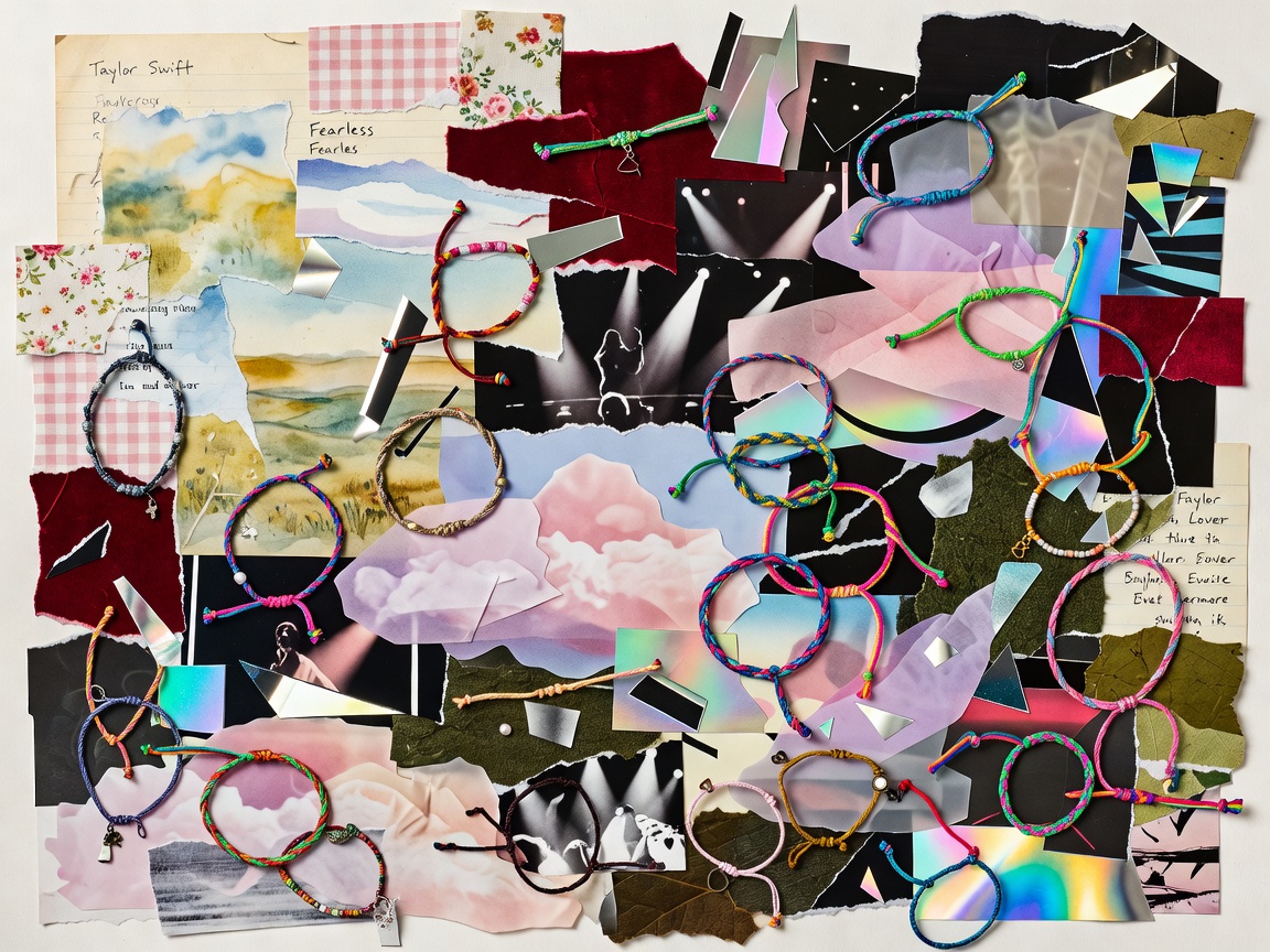 Abstract poster collage representing Taylor Swift songbooks, album eras and stage bracelets