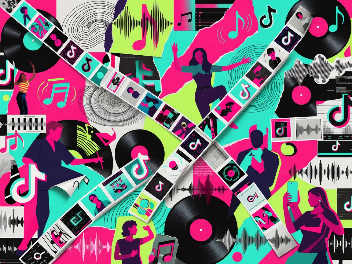 Abstract poster collage representing TikTok short-form video, music snippets and creator culture